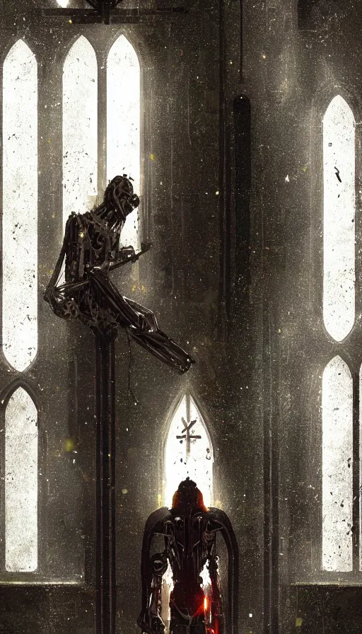 Image similar to portrait of broken humanoid metal robot praying in empty church, sunshine through window, bladerunner, cold color scheme, digital illustration, artstation, cinematic composition