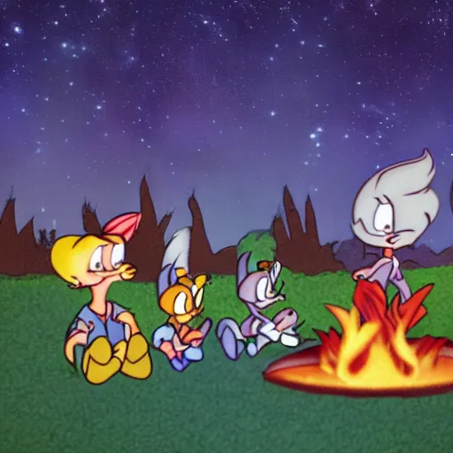 Prompt: tiny toons (1990) sitting around a campfire telling stories, photographic, 3D, UE5, ultra high textures, dark vignette, burning embers, nostalgic, muted colors, desaturated, volumetric, slightly drunk, candy rush, autochrome, tranquil, starry night, marshmallows, s'mores, 4K, 8K, HQ