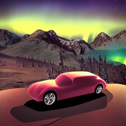 Image similar to car on a mountain. background is epic sky at night with northern lights. photorealistic. iridescent.