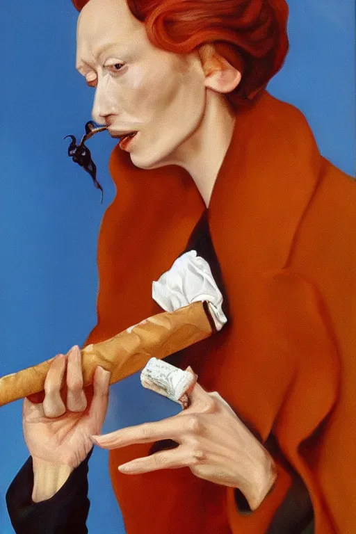 Prompt: photorealistic painting of tilda swinton as assumpta corpuscularia lapislazulina smoking a cuban cigar by salvador dali, oil on canvas, detailed, centered