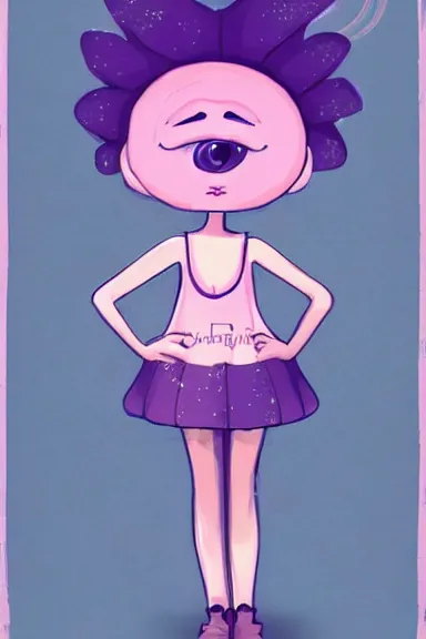 Prompt: a little girl wearing a mushroom hat in dress sitting | | purple curvy hair, pretty face, fine details, digial art by lois van baarle, anatomically correct, perfect composition, symmetrical, fantastic, clean details, anime character