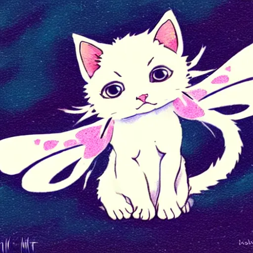 Image similar to a cute kitten with fairy wings, in the style of studio ghibli