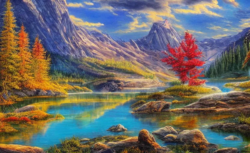 Prompt: beautiful award winning mythical painting of a canadian lake, extreme detail, 4 k, ultra hd