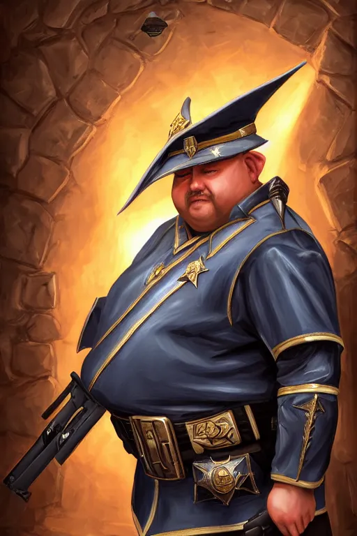 Image similar to high elf mall cop with a sheriff's badge that is fat, shifty, and incompetent, RPG portrait from the chest up, Oil Painting, hyperrealistic, Detailed Digital Art, dynamic lighting, Highly Detailed, Cinematic Lighting, 8k, HD