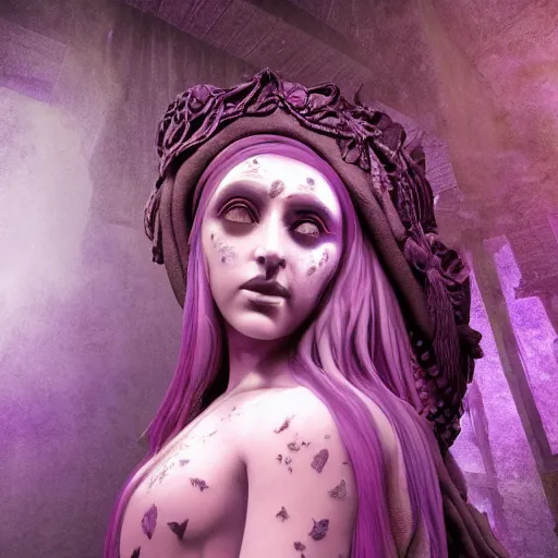 Image similar to a beautiful detailed 3d matte painting of female goddess of the dead, ominous, magical realism, texture, intricate, purple torn fabric, radiant colors, fantasy, trending on artstation, volumetric lighting, micro details, 3d sculpture, ray tracing