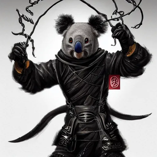 Prompt: an elegant demon koala dressed in a smart black shinobi outfit with mask is offering you a contract to sign, digital art by łukasz piskorz and patrick mcenvoy and michael komarck, intricate, highly detailed, artstation, concept art, smooth, sharp focus