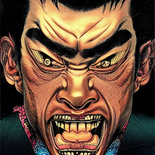 Image similar to portrait closeup of crazy yakuza man, symmetrical, by yoichi hatakenaka, masamune shirow, josan gonzales and dan mumford, ayami kojima, takato yamamoto, barclay shaw, karol bak, yukito kishiro