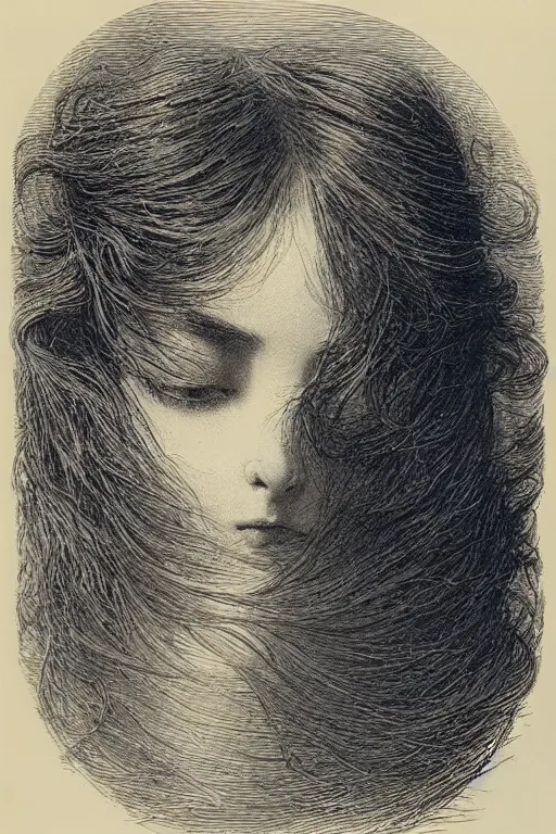 Image similar to extreme close-up hair covering a woman\'s face, forest background, Gustave Dore lithography