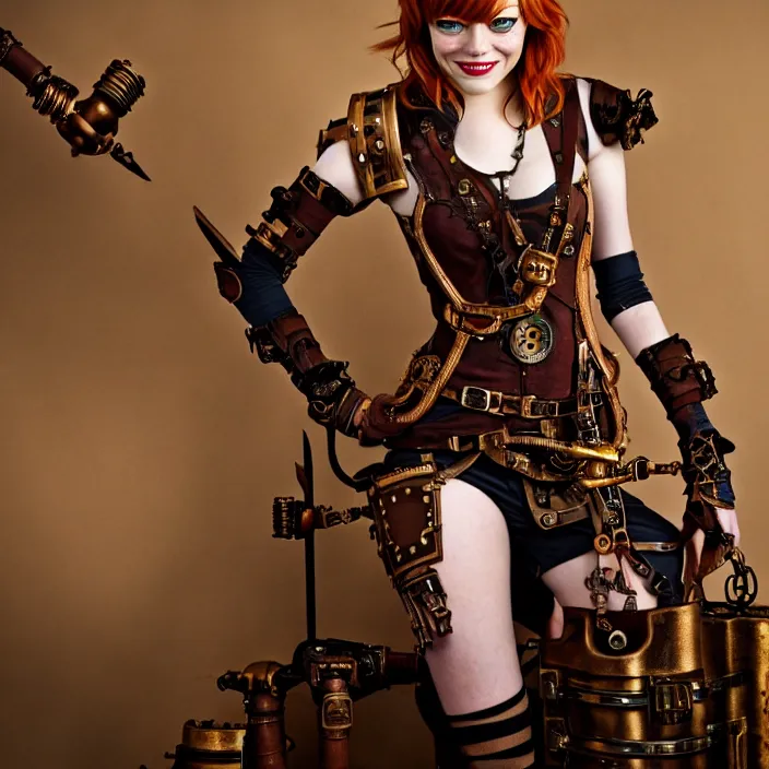 Prompt: professional full length photograph of emma stone as a steampunk warrior. Extremely detailed. 8k