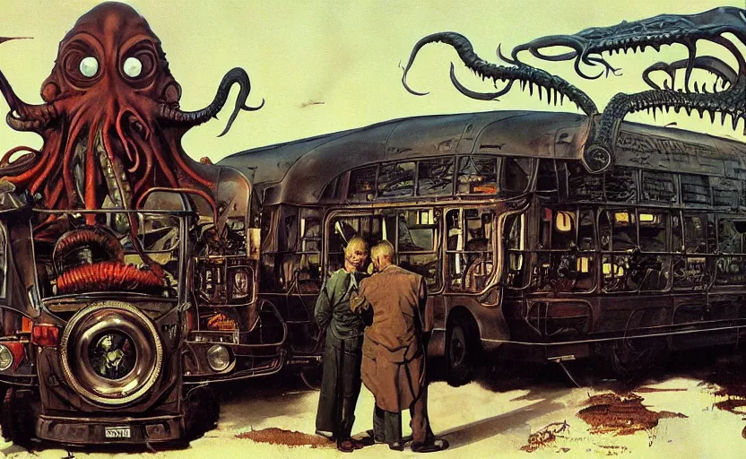 Image similar to cthulhu devouring a steampunk school bus. highly detailed science fiction painting by norman rockwell, frank frazetta, and syd mead. rich colors, high contrast, gloomy atmosphere, dark background. trending on artstation