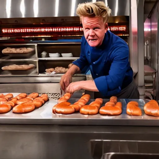 Image similar to a film still of gordon ramsay selling hotdogs in a new movie, 4 k