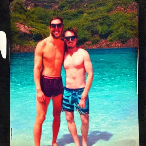 Image similar to polaroid of Homelander and Billy Butcher on holiday having a great time together