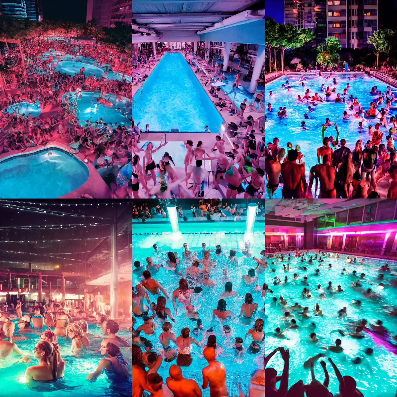 Prompt: A photo of a pool party filled with people in a modern indoors pool with cyberpunk illumination at night .