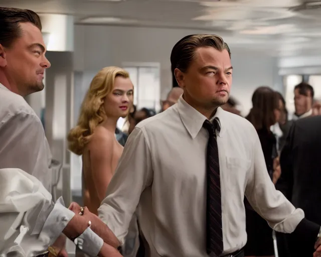 Prompt: leonardo dicaprio as the wolf of wall street holding hands with margot robbie, cinamtic, hyper detailed, 8 5 mm photograph, 8 k resolution, film still, sharp lens, wide lens