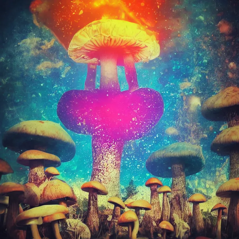 Image similar to double exposure of dally life, symbols of live, explosion, cyber mushroom city, love is the most relevant theme, love is infinity, love is begin of all, 8 k resolution, artistic mode, artistic, trending on instagram, long exposure, love art, serious, fantasy and dreams vibes, mushrooms style and macro style, colorful picture