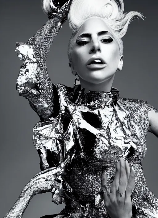 Image similar to lady gaga styled by nick knight posing, archive fashion, vogue magazine, canon, highly realistic. high resolution. highly detailed. dramatic. 8 k. 4 k.