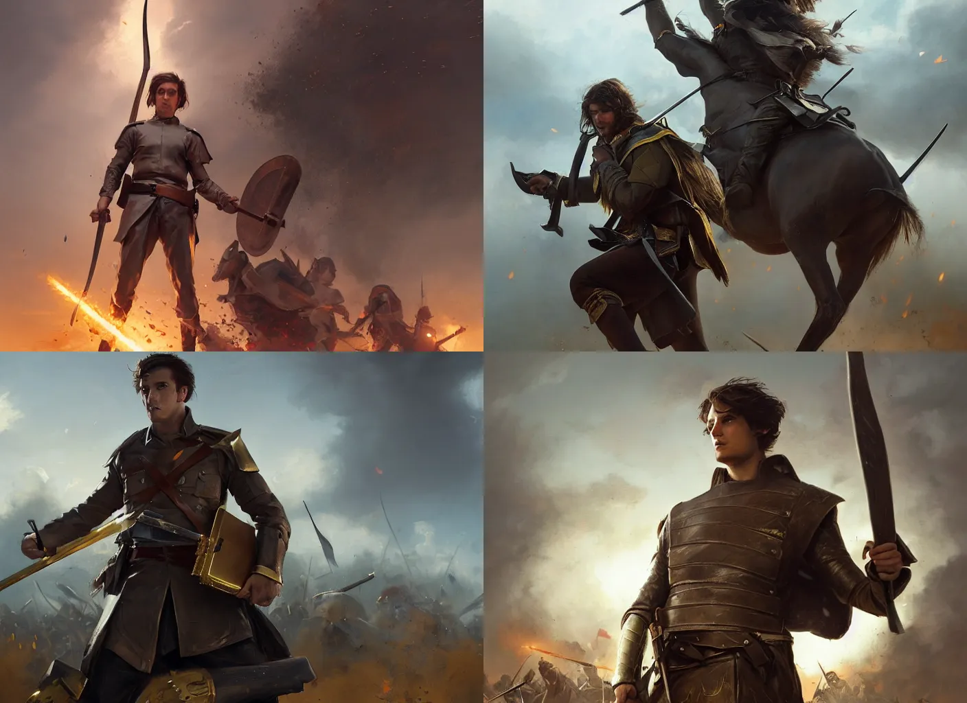 Prompt: cinematic artwork of man in his twenties with brown hair wearing a modern business suit, holding a briefcase in one hand and a golden hilted sword in the other hand, standing defiantly on a battlefield before a cavalry charge of warriors by Greg Rutkowski, 4k, masterpiece