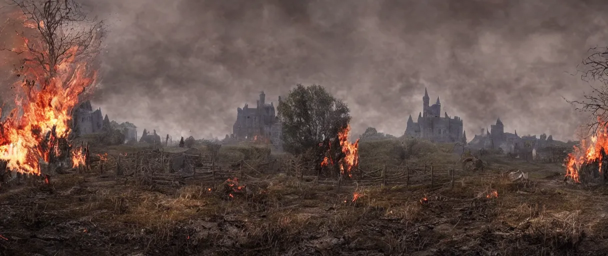 Prompt: burning village in the background, highly detailed fire tendrils, dead bodies scattered in mud, body parts, castle in background, lost livestock and horses, foot paths, broken trees, broken fences, flying mud, debris, smoke, field, wet, dawn, partly cloudy, cold breath, hyper realistic, octane render, hyper detailed, cinematic, medium shot