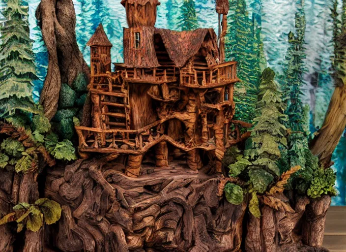 Image similar to high - res gopro photograph from within a wooden sculpture diorama with a fantasy castle, highly detailed sculpey diorama, forest setting in iceland, waterfall backdrop, realistic materials, wood, felt, cloth, burlap, copper wire, hot glue, smooth, sharp foccus, commercial product photography,