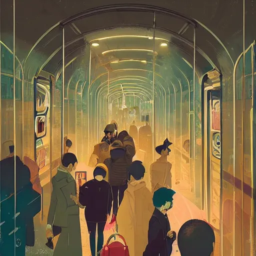 Image similar to paris subway life scene, by ( victo ngai ), ( ( studio muti ) ), malika favre, ( rhads ), makoto shinkai