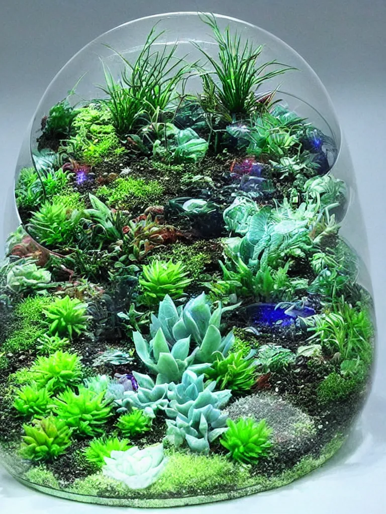 Image similar to terrarium with plants from a differen alien planet. weird colours. sci - fi. futuristic. alien. holographic, beautiful, ethereal