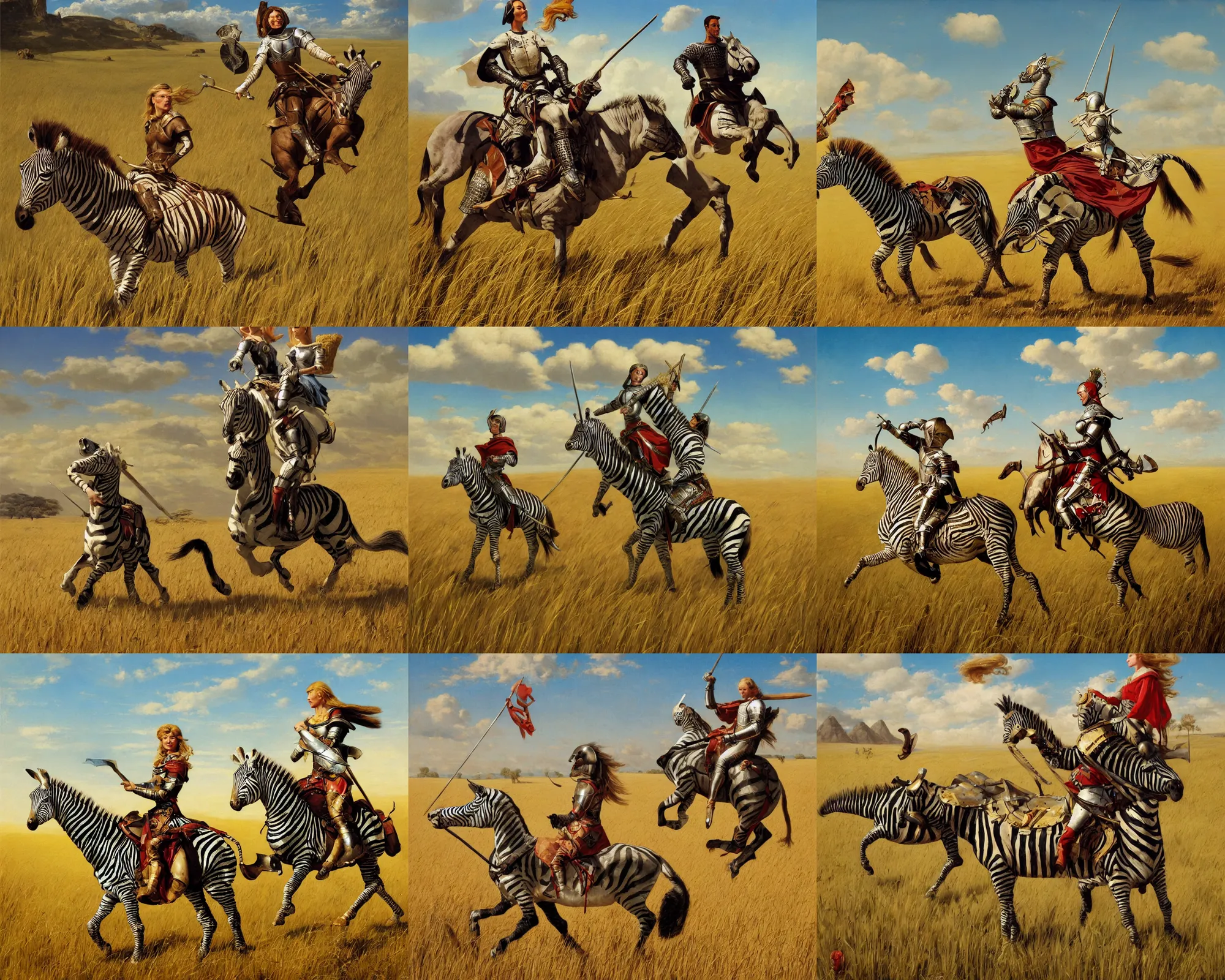 Prompt: a medieval knight riding a zebra through a field of wheat, matte painting, hard edges, brush strokes, artstation, concept art, illustration. art by gil elvgren