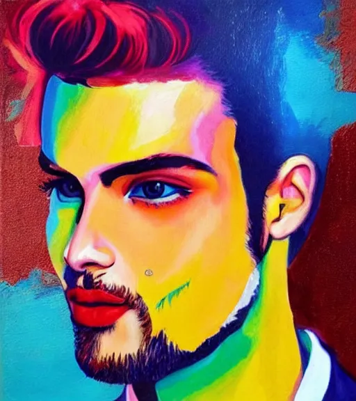 Image similar to a vivid colourful painting of the most handsome young man in the world, seductive, beautiful, perfect.