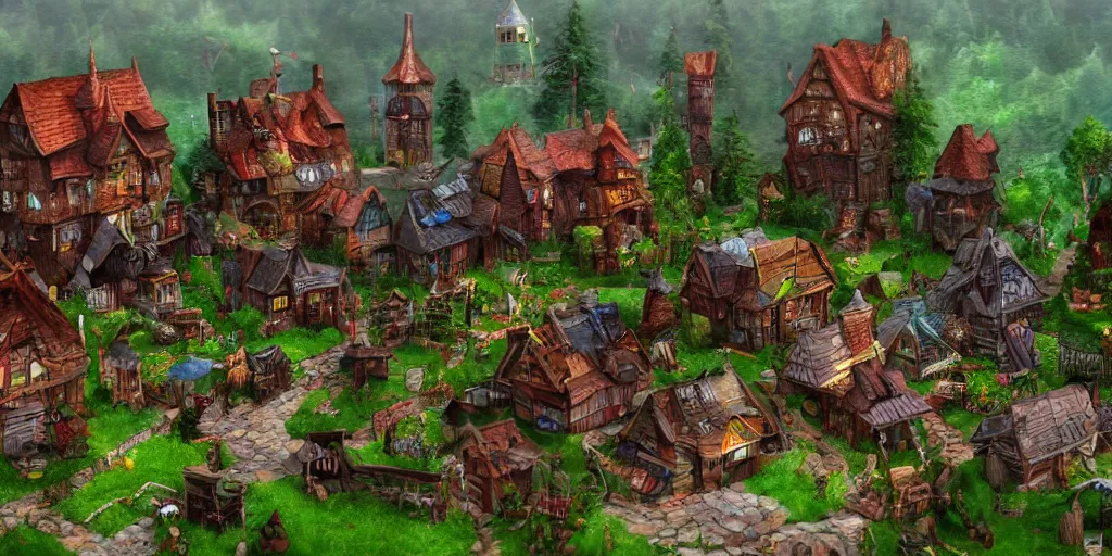 Prompt: Fantasy village, !!built on PC motherboard!!, trees, green plants, broken parts, wooden houses, mold, tiny villagers, !PC hardware!, high quality, trending on artstation, highly detailed