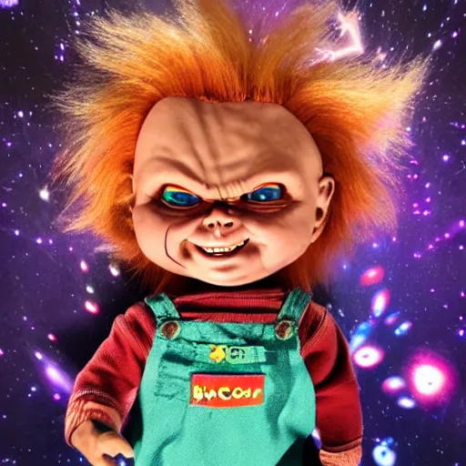 Image similar to Chucky the killer doll flying through the cosmos, psychedelic lighting