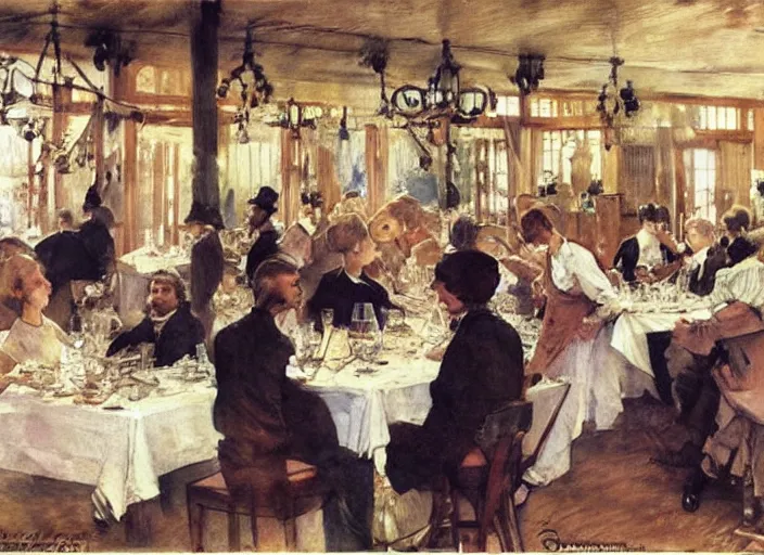 Prompt: gentlemens dinner, blonde waitresses, masterpiece, meat, wine, schnapps, watercolor by anders zorn and carl larsson, art nouveau