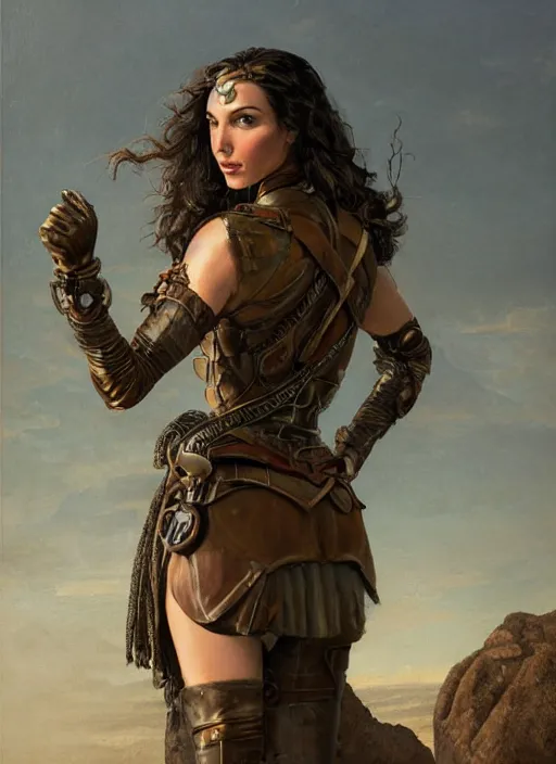 Prompt: oil painting of a highly detailed steampunk gal gadot with her hands behind the back while standing on a rock : leonardo da vinci, greg rutkowski, magali villeneuve