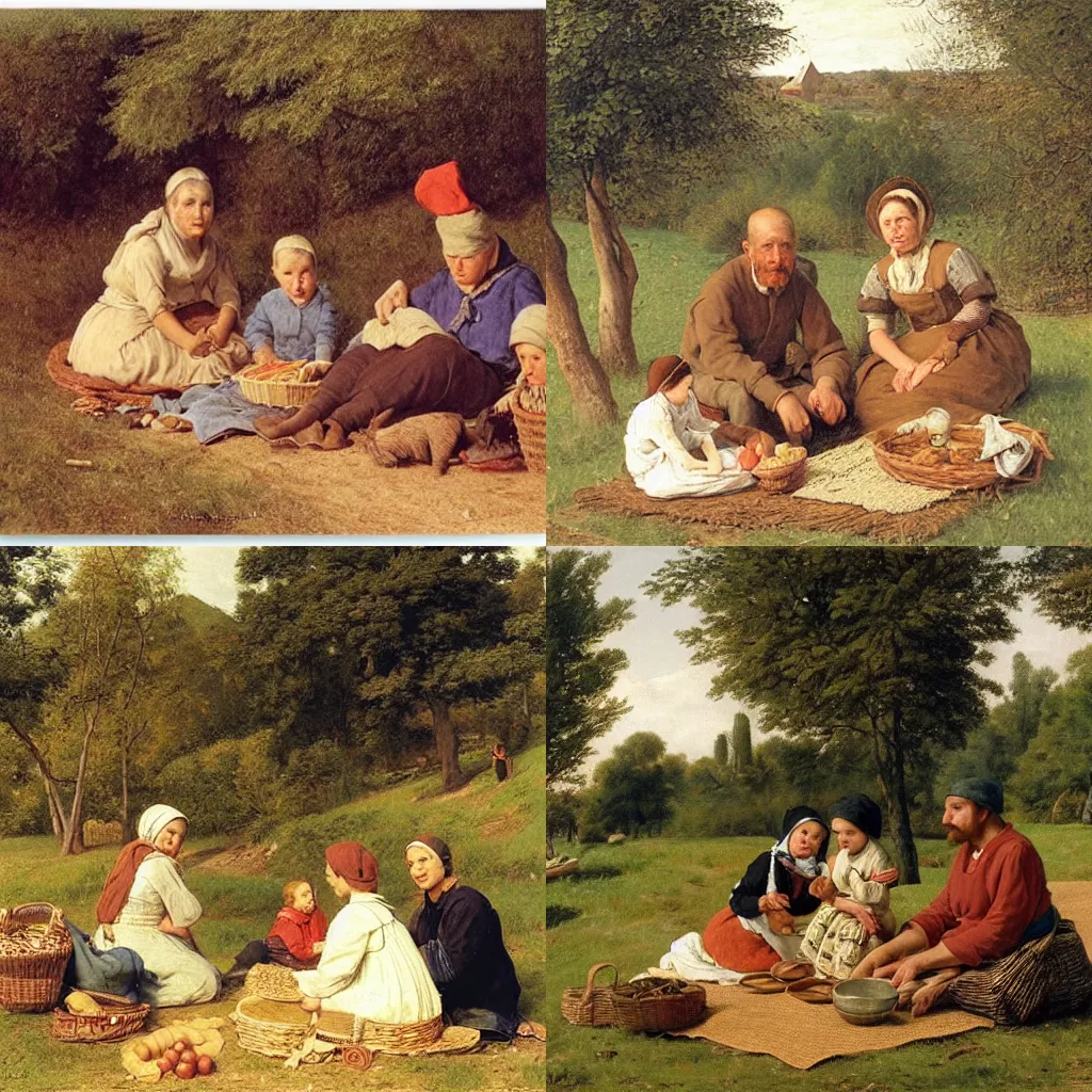 Prompt: Portrait of a peasant family at picnic by the lake by Albert Anker