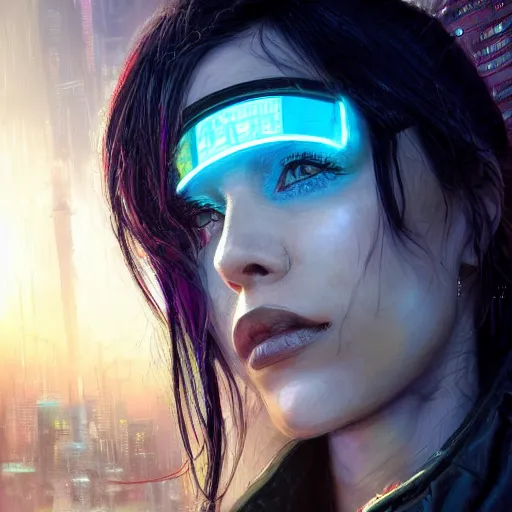 Image similar to molly millions, closeup portrait of a young beautiful cyberpunk woman, mirror eye implants, black hair in a rough shag, sunset, neuromancer, street samurai, cyberpunk city background, megacity, gorgeous view, depth, painted by seb mckinnon, high detail, digital art, painted by greg rutkowski, trending on artstation