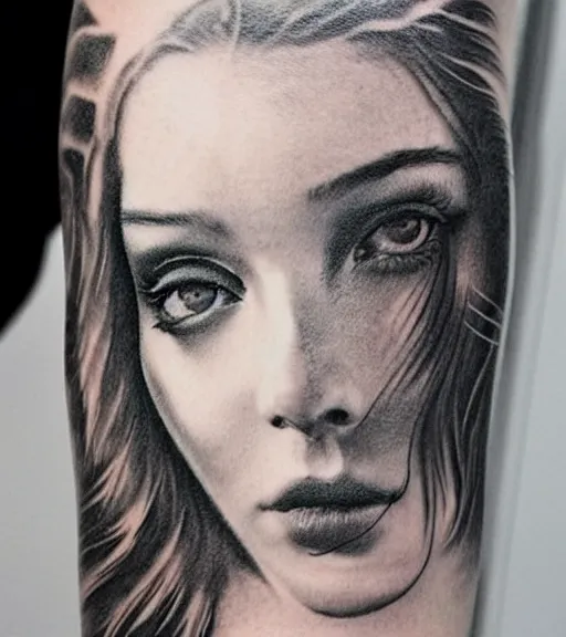 Image similar to tattoo design sketch of an extremely beautiful woman face with a faded background of beautiful mountains on her side, hyper - realistic, double exposure effect, in the style of matteo pasqualin, amazing detail, black and white, faded