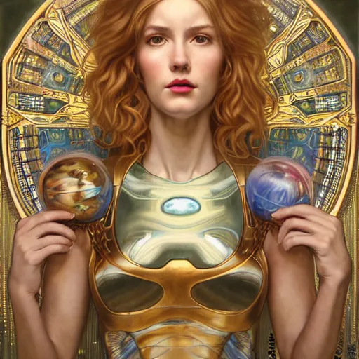 Prompt: Portrait of Samus Aran drawn by Donato Giancola and Tom Bagshaw, face by Artgerm, overall design by Alphonse Mucha, background by James Jean and Gustav Klimt, light by Julie Bell, 4k, golden accents, porcelain skin, komorebi, french nouveau, trending on artstation, octane render, hyperrealistic