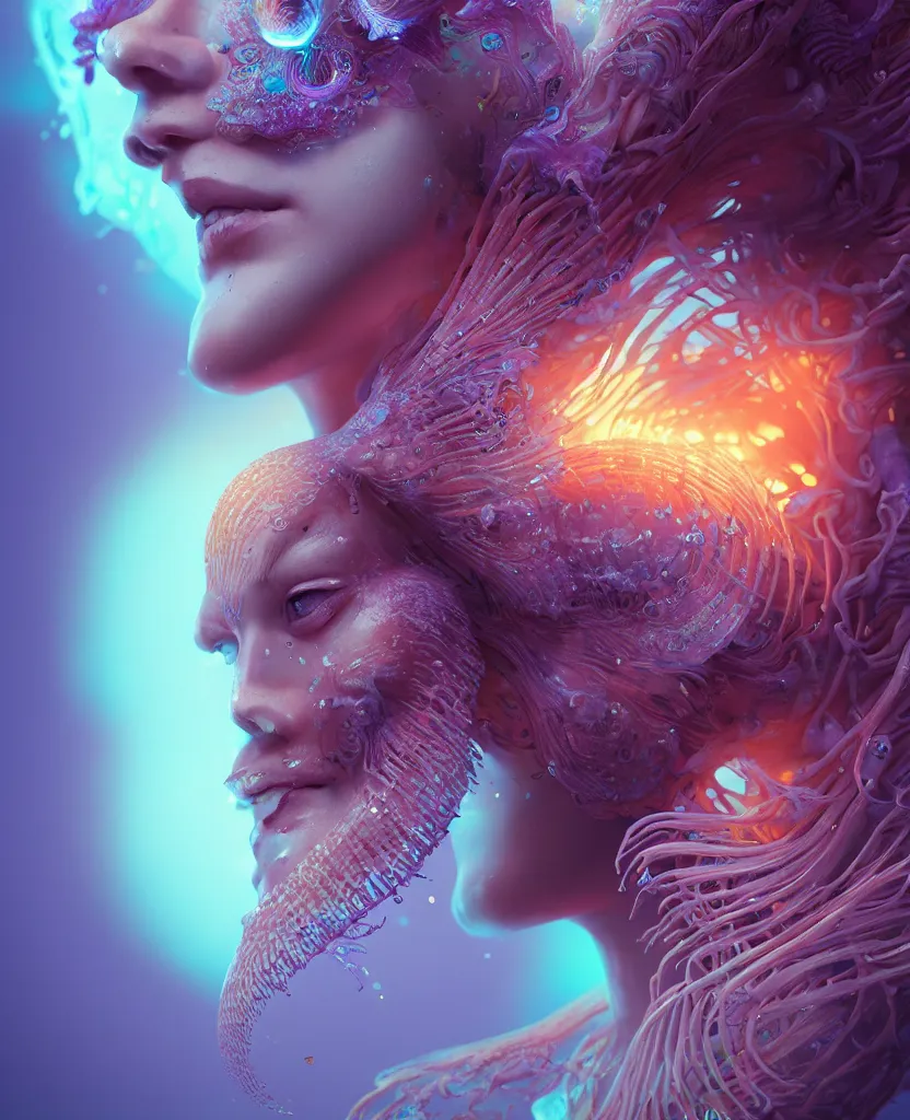 Image similar to goddess close-up portrait. orchid jellyfish phoenix head, nautilus, skull, betta fish, bioluminiscent creatures, intricate artwork by Tooth Wu and wlop and beeple. octane render, trending on artstation, greg rutkowski very coherent symmetrical artwork. cinematic, hyper realism, high detail, octane render, 8k