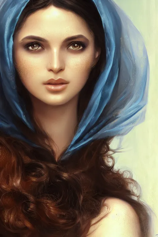 Image similar to ameera al taweel, bright blue eyes, long wavy black hair, white veil, front closeup, cinnamon #b57e59 skin color, highly detailed, centered, oil painting, artstation, concept art by tom bagshaw