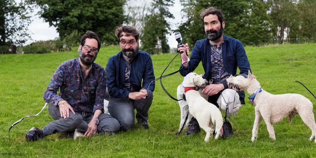 Image similar to adam buxton and his dog rosie recording a podcast, fields, walking, half whippet and half poodle, photorealistic