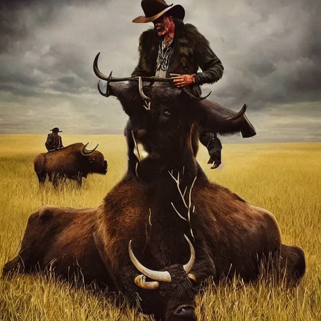 Image similar to incredible modern evocative artwork of buffalo hunters, buffalo midnight in the style of tim walker fashion photography, buffalos hunting hunters