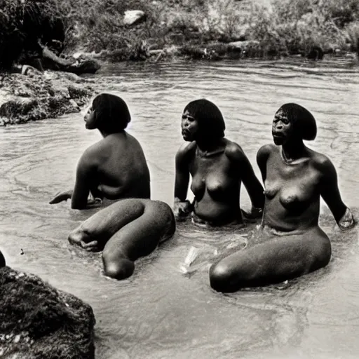 Prompt: a group of homo erectus women bathing alluringly in a shallow river, national geographic