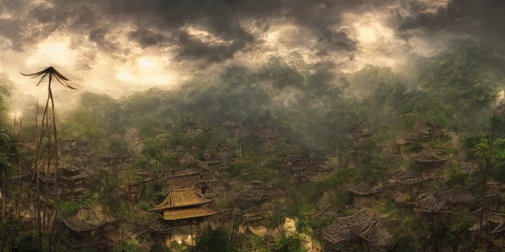 Image similar to a gigantic standing haunted samurai guardian dominates a huge hidden bamboo village in the jungle, evening, ominous sky, flags, matte painting, craig mullins