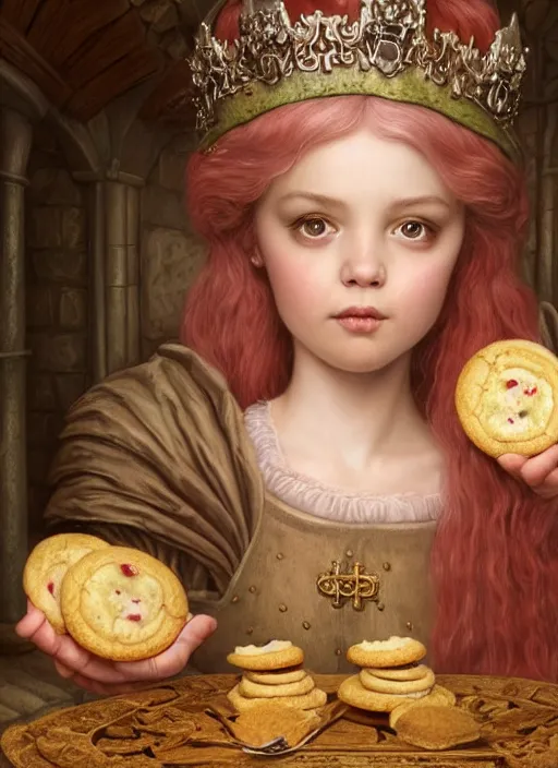 Image similar to highly detailed closeup portrait of a fairytale medieval princess eating cookies, unreal engine, nicoletta ceccoli, mark ryden, lostfish, earl norem, global illumination, god rays, detailed and intricate environment