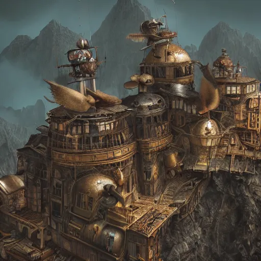 Image similar to a flying steampunk fortress, extremely detailed, behrens style, octane render, fantasy digital art, beautiful composition, trending on artstation