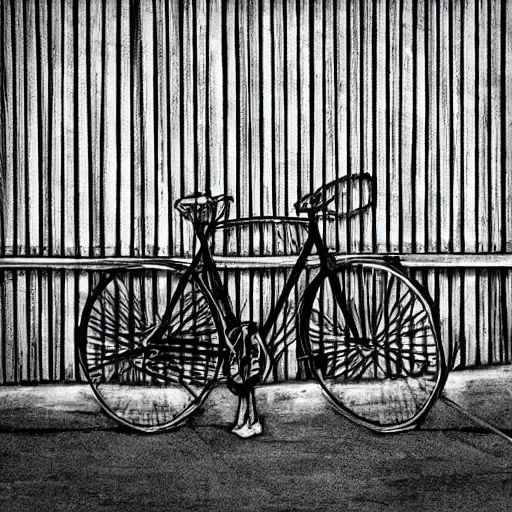 Image similar to a bicycle leaning on a fence, hyper realistic black and white drawing, 4k,