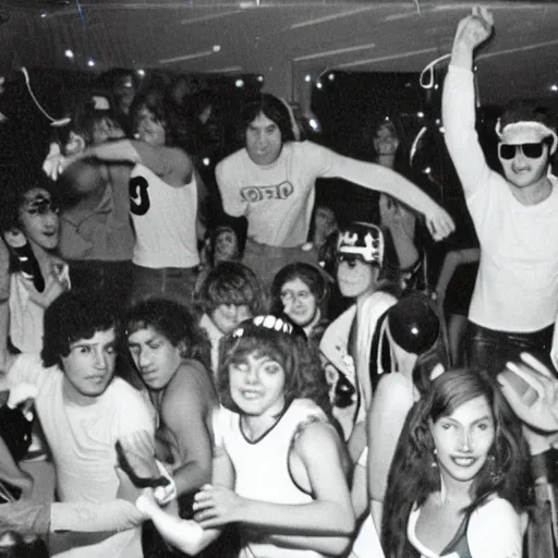 Prompt: A disposable camera image of a roller disco, 1980, flash photography