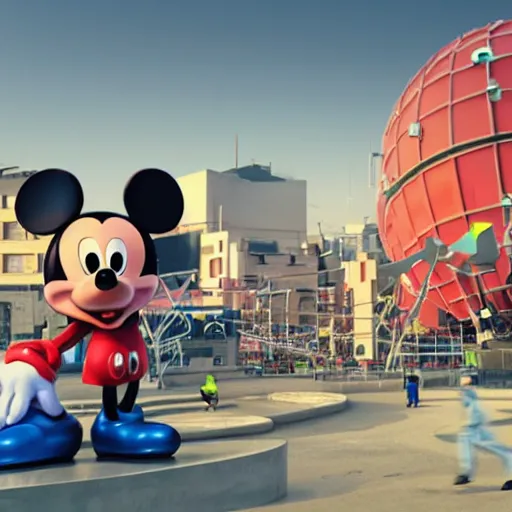 Image similar to giant mickey mouse being operated on by several workers, large octane render, dark beeple art, incredible detail, netflix logo in background, dark studio, dystopian atmosphere, gigantic micky mouse statue being worked on,