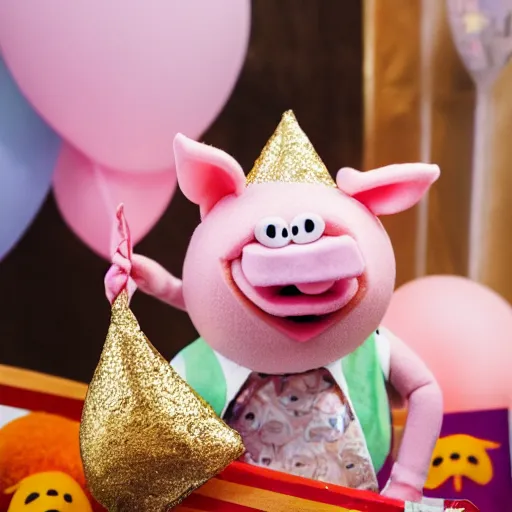 Image similar to pig at a party wearing a gold crowns as a Muppet holding a snack bag 8k