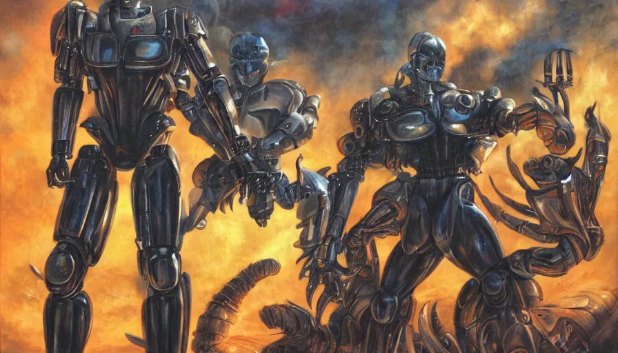 Prompt: robocop fighting demons in hell by julie bell