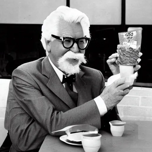 Image similar to colonel sanders eating at macdonalds