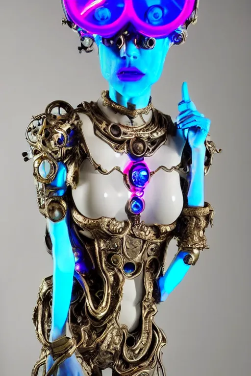 Image similar to full-body porcelain baroque space futuristic style sculpture of a young beautiful goddess as a half-robot wearing cholo shades, blue glowing lips, mechanical fingers, oozing neon radioactive liquid, electric sparks, glowing hot magenta laser beam eyes, blue diamonds, golden steampunk necklace with a glowing white crystal orb, flowing pink satin, industrial fabrics, mechanical plants. baroque and steampunk elements. full-length view. baroque element. intricate artwork by caravaggio. Trending on artstation, octane render, cinematic lighting from the right, hyper realism, octane render, 8k, depth of field, 3D